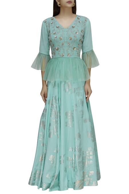 Ridhi Arora_Blue Georgette, Satin V Neck Foil Printed Lehenga Set_Online_at_Aza_Fashions