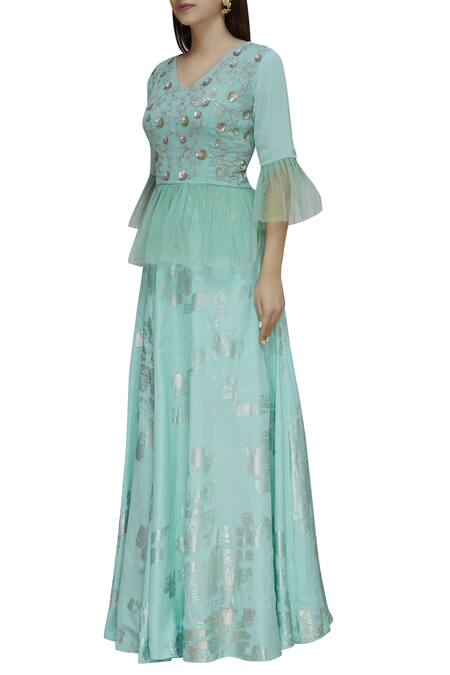 Buy_Ridhi Arora_Blue Georgette, Satin V Neck Foil Printed Lehenga Set_Online_at_Aza_Fashions