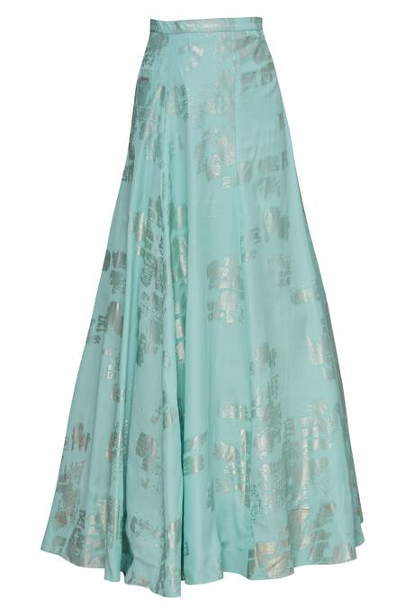 Shop_Ridhi Arora_Blue Georgette, Satin V Neck Foil Printed Lehenga Set_Online_at_Aza_Fashions