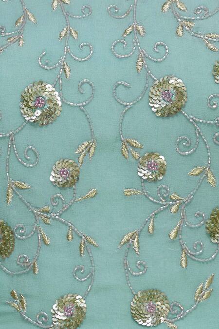 Ridhi Arora_Blue Georgette, Satin V Neck Foil Printed Lehenga Set_at_Aza_Fashions