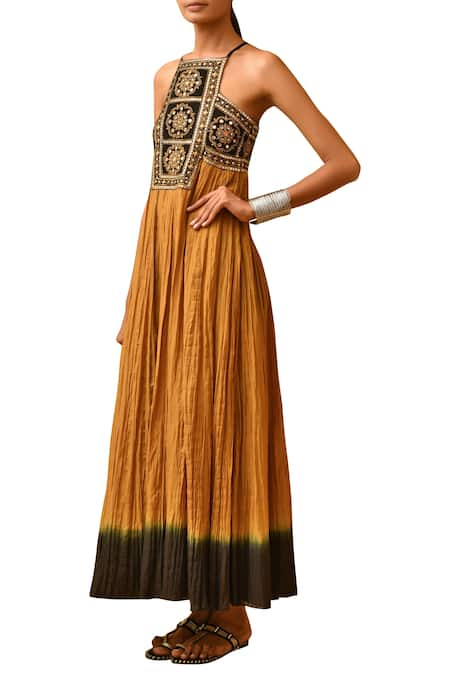 Malini Ramani Black Cotton Silk Embroidered Maxi Dress