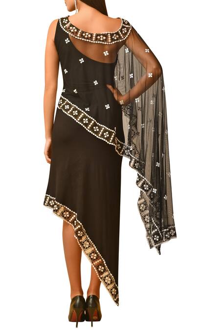 Shop_Malini Ramani_Black Jersey Asymmetric Cape Dress_at_Aza_Fashions