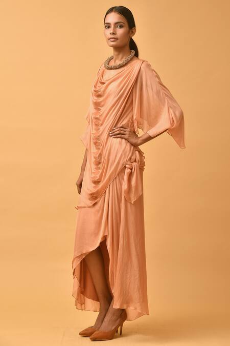 Malini Ramani_Peach Flat Chiffon Draped Midi Dress_Online_at_Aza_Fashions