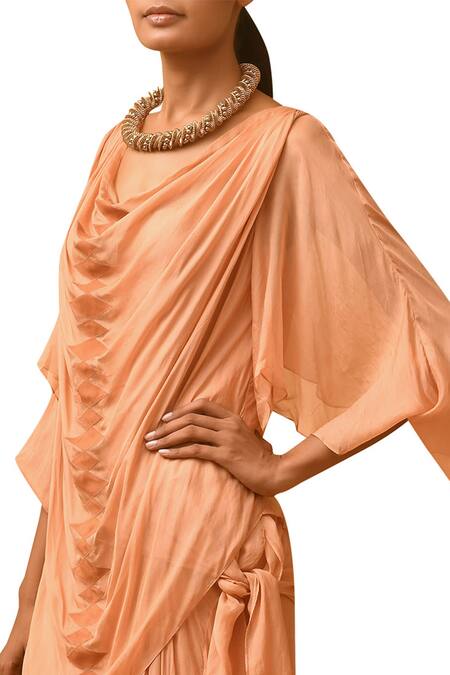 Buy_Malini Ramani_Peach Flat Chiffon Draped Midi Dress_Online_at_Aza_Fashions