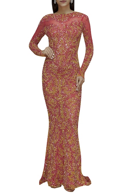 Buy_Chisel By Meghna Ramrakhiya_Yellow Net Round Embellished Gown _Online_at_Aza_Fashions