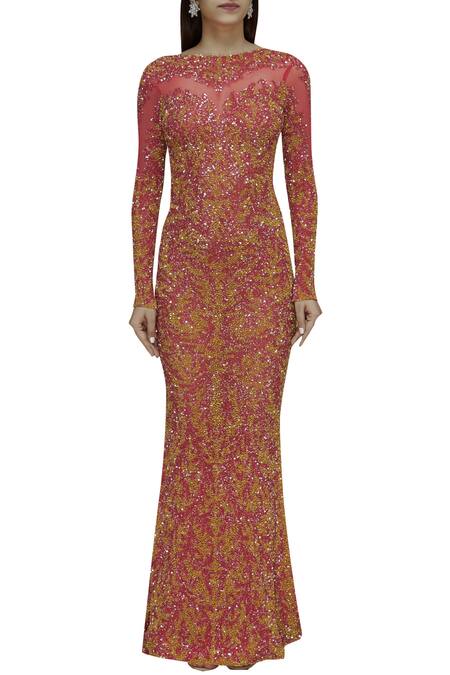 Shop_Chisel By Meghna Ramrakhiya_Yellow Net Round Embellished Gown _Online_at_Aza_Fashions