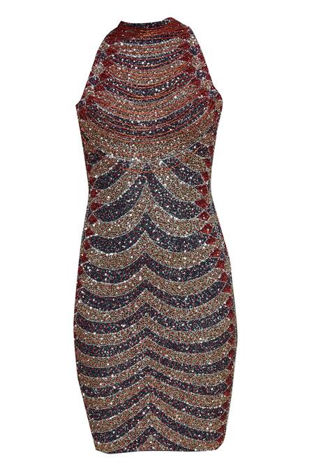 Shop_Chisel By Meghna Ramrakhiya_Multi Color Net Round Embellished Short Dress _Online_at_Aza_Fashions