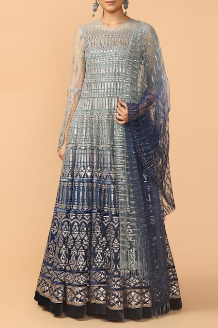 Tarun Tahiliani Blue Tulle Round Embroidered Anarkali Set 