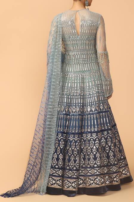 Shop Tarun Tahiliani Blue Tulle Round Embroidered Anarkali Set at Aza Fashions Shop_Tarun Tahiliani_Blue Tulle Round Embroidered Anarkali Set _at_Aza_Fashions