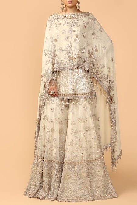 Tarun Tahiliani Off White Soft Net Boat Embroidered Kurta Sharara Set 