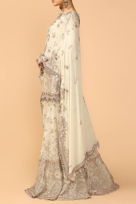 Tarun Tahiliani Off White Soft Net Boat Embroidered Kurta Sharara Set Online at Aza Fashions Tarun Tahiliani_Off White Soft Net Boat Embroidered Kurta Sharara Set _Online_at_Aza_Fashions
