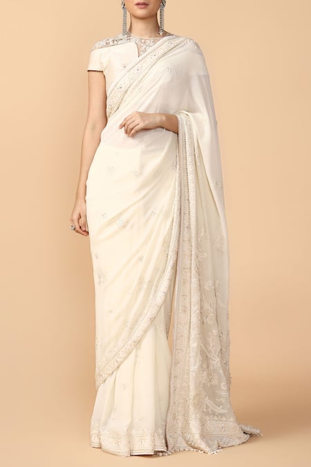 Tarun Tahiliani Off White Raw Silk Round Embroidered Saree Set 