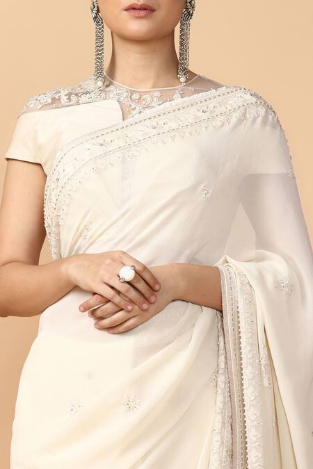 Buy_Tarun Tahiliani_Off White Raw Silk Round Embroidered Saree Set _Online_at_Aza_Fashions