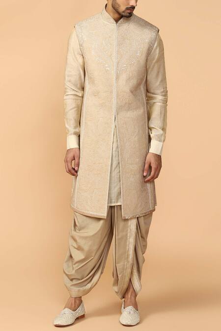 Tarun Tahiliani Beige Katan Silk Quilted Sherwani Set