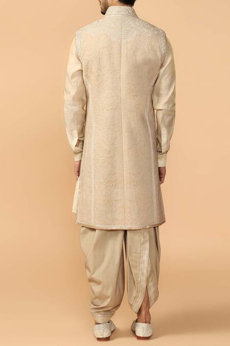 Shop Tarun Tahiliani Beige Katan Silk Quilted Sherwani Set at Aza Fashions Shop_Tarun Tahiliani_Beige Katan Silk Quilted Sherwani Set _at_Aza_Fashions