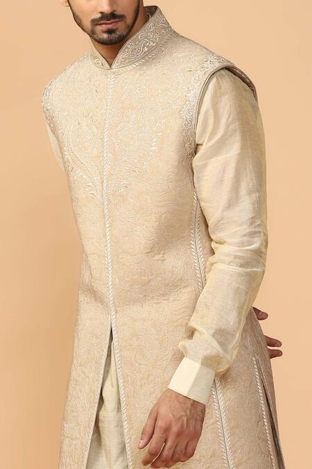 Shop Tarun Tahiliani Beige Katan Silk Quilted Sherwani Set Online at Aza Fashions Shop_Tarun Tahiliani_Beige Katan Silk Quilted Sherwani Set _Online_at_Aza_Fashions