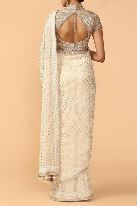 Shop_Tarun Tahiliani_Off White Embroidered Saree With Blouse_at_Aza_Fashions