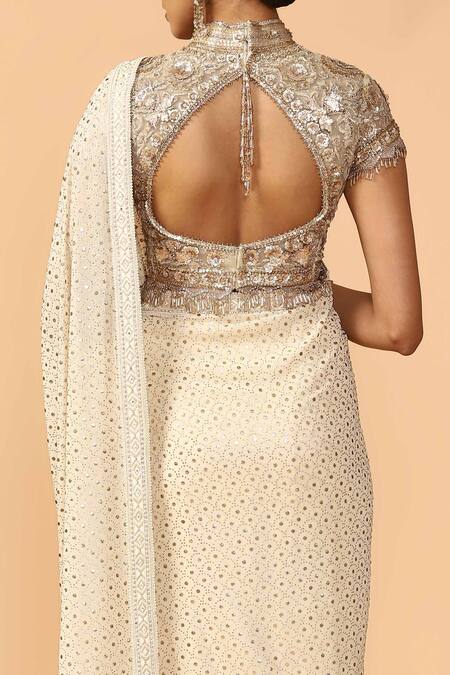 Shop_Tarun Tahiliani_Off White Embroidered Saree With Blouse_Online_at_Aza_Fashions