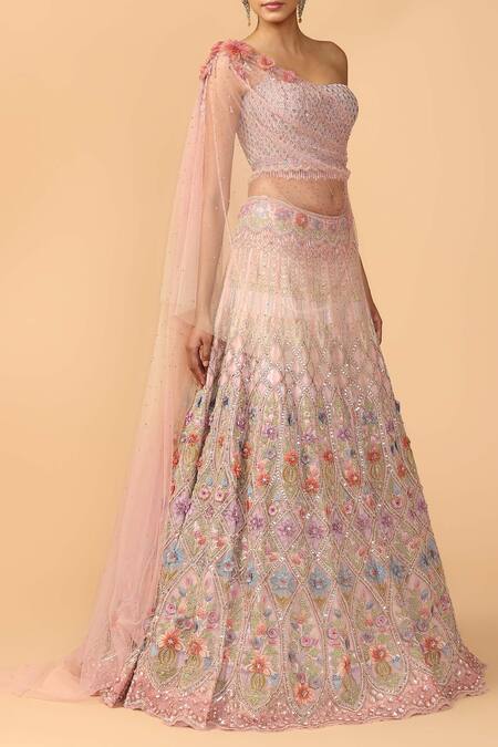 Tarun Tahiliani_Pink Tulle Diamond Neck Embellished Lehenga Set _Online_at_Aza_Fashions