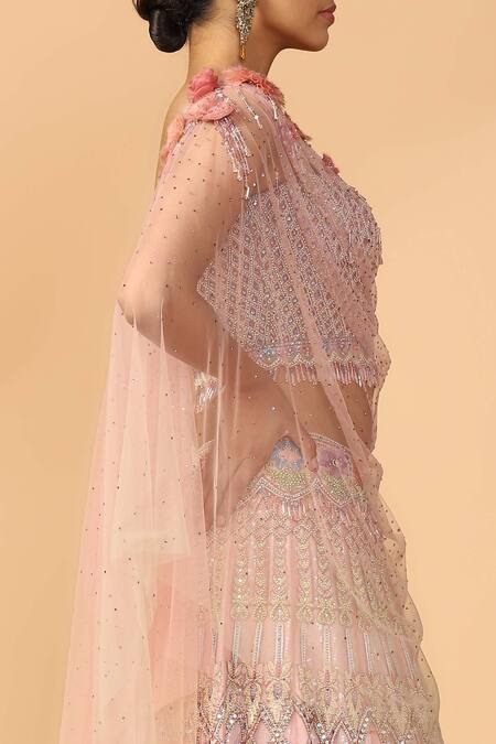 Shop_Tarun Tahiliani_Pink Tulle Diamond Neck Embellished Lehenga Set _Online_at_Aza_Fashions