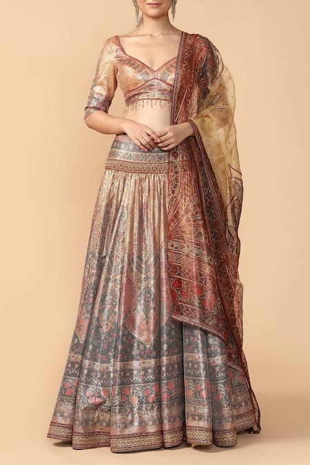 Tarun Tahiliani Orange Sequin Sheathed Leaf Neck Printed Lehenga Set 