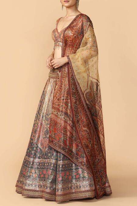 Tarun Tahiliani_Orange Sequin Sheathed Leaf Neck Printed Lehenga Set _Online_at_Aza_Fashions