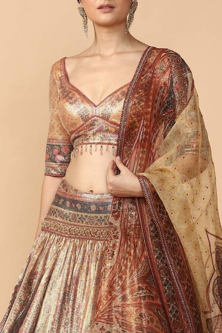 Buy_Tarun Tahiliani_Orange Sequin Sheathed Leaf Neck Printed Lehenga Set _Online_at_Aza_Fashions