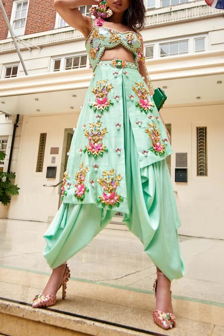 Buy Peach Embroidery Thread Round Dhoti Style Jumpsuit With Sheer Cape For  Women by Vara by Vibha n Priti Online at Aza Fashions.