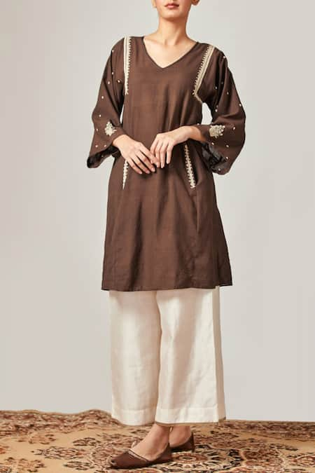 Myoho Brown Embroidered Kurta With Pants