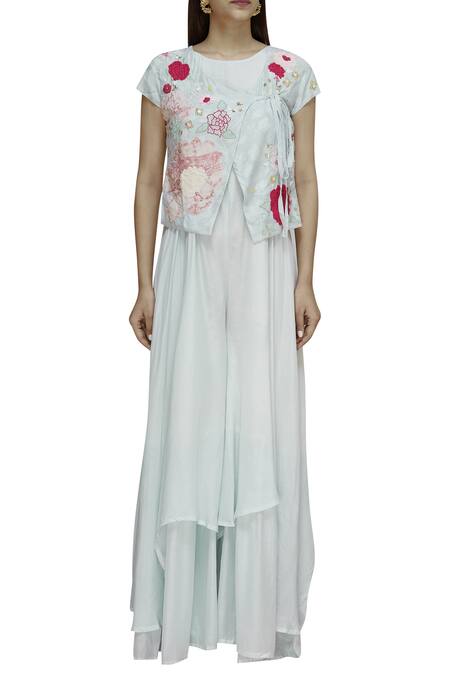 Buy_Itara_Blue Cotton Base Silk Jumpsuit And Jacket Round With Embroidered_Online_at_Aza_Fashions