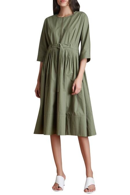 Buy_Anomaly_Green Cotton Pleated Midi Dress_Online_at_Aza_Fashions