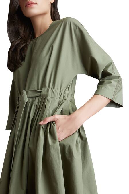 Anomaly_Green Cotton Pleated Midi Dress_Online_at_Aza_Fashions
