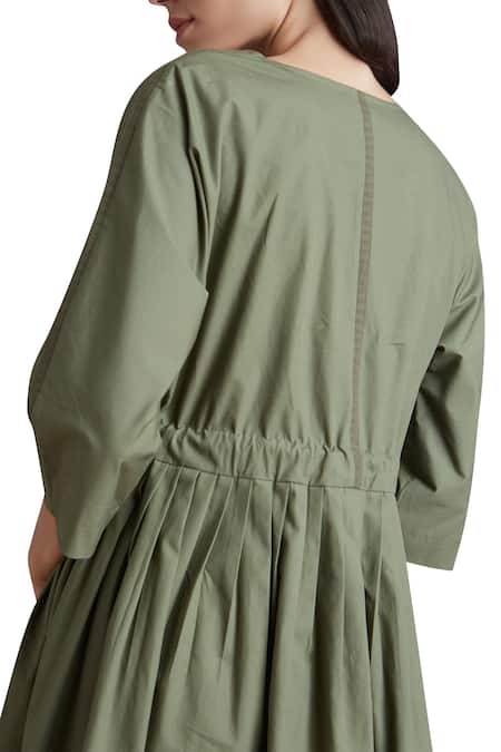 Anomaly_Green Cotton Pleated Midi Dress_at_Aza_Fashions