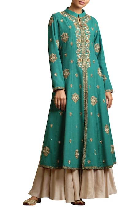 Buy Sue Mue Beige Georgette, Kora, Tusser Band Embroidered Anarkali Set Online at Aza Fashions Buy_Sue Mue_Beige Georgette, Kora, Tusser Band Embroidered Anarkali Set_Online_at_Aza_Fashions