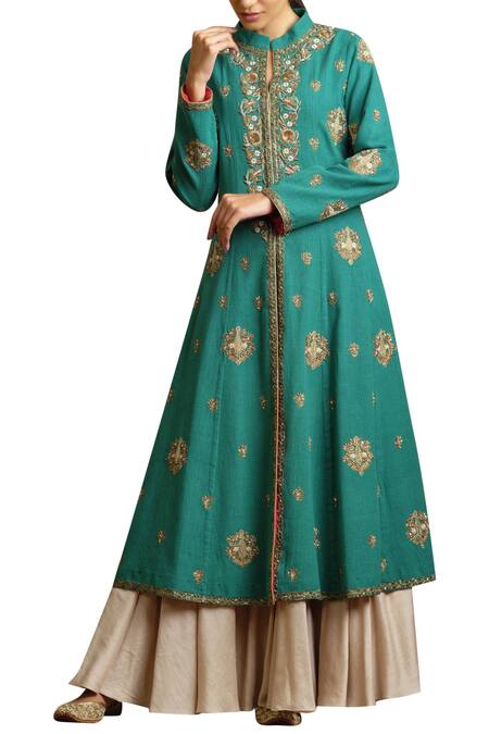 Sue Mue Beige Georgette, Kora, Tusser Band Embroidered Anarkali Set Online at Aza Fashions Sue Mue_Beige Georgette, Kora, Tusser Band Embroidered Anarkali Set_Online_at_Aza_Fashions