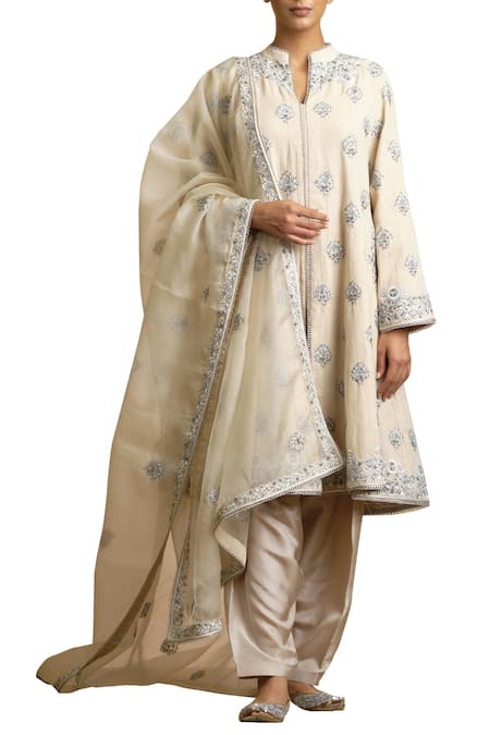 Buy Sue Mue Beige Cotton, Handloom, Kora Notched Embroidered Kurta Set Online at Aza Fashions Buy_Sue Mue_Beige Cotton, Handloom, Kora Notched Embroidered Kurta Set _Online_at_Aza_Fashions