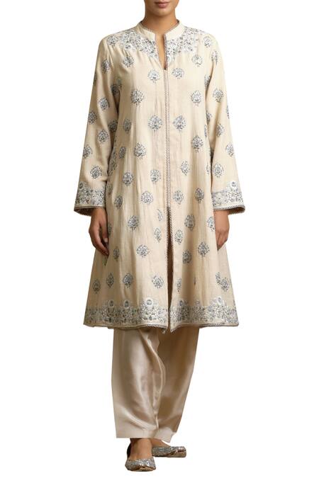 Sue Mue Beige Cotton, Handloom, Kora Notched Embroidered Kurta Set Online at Aza Fashions Sue Mue_Beige Cotton, Handloom, Kora Notched Embroidered Kurta Set _Online_at_Aza_Fashions