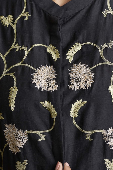 Buy_Sue Mue_Black Tussar Georgette Band Embroidered Shirt Tunic _Online_at_Aza_Fashions