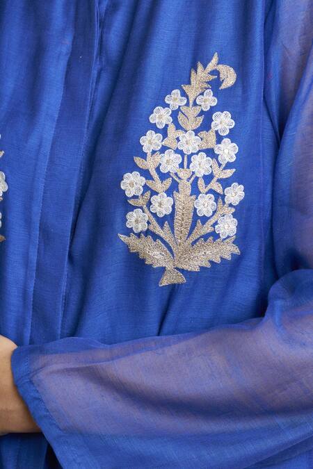Buy_Sue Mue_Blue Handloom Cotton Band Embroidered Shirt Tunic _Online_at_Aza_Fashions