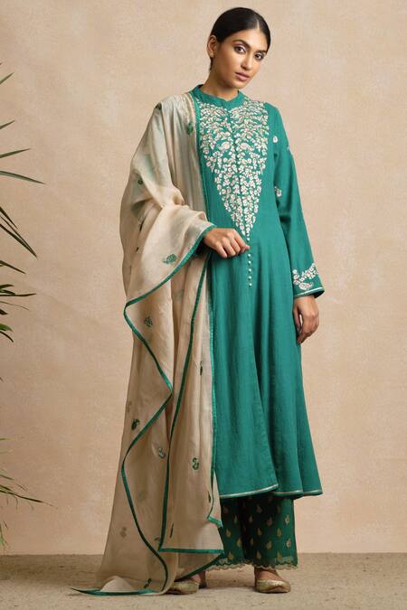 Buy_Sue Mue_Beige Banarasi, Handloom Cotton Mandarin Collar Anarkali Set _Online_at_Aza_Fashions