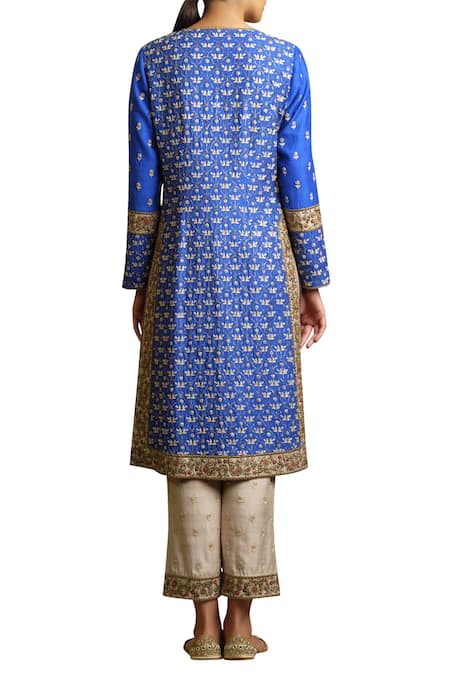 Shop Sue Mue Blue Cotton Tissue, Tussar Georgette Notched Embroidered Kurta And Pant Set at Aza Fashions Shop_Sue Mue_Blue Cotton Tissue, Tussar Georgette Notched Embroidered Kurta And Pant Set _at_Aza_Fashions