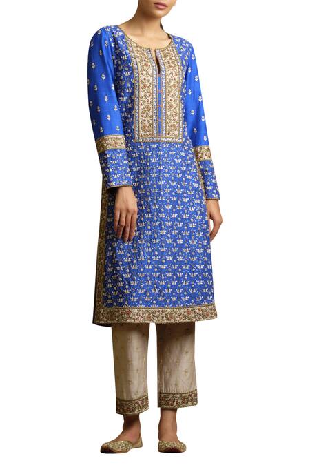 Sue Mue Blue Cotton Tissue, Tussar Georgette Notched Embroidered Kurta And Pant Set Online at Aza Fashions Sue Mue_Blue Cotton Tissue, Tussar Georgette Notched Embroidered Kurta And Pant Set _Online_at_Aza_Fashions