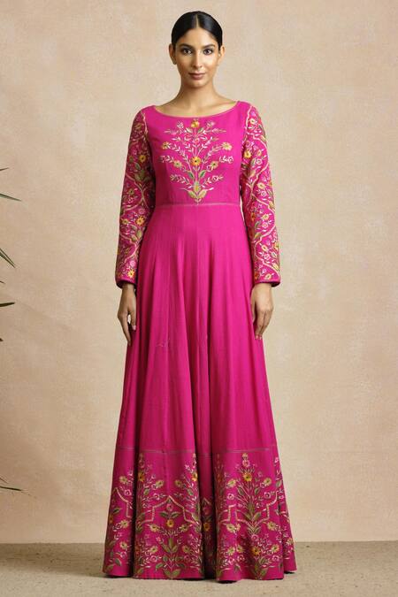 Sue Mue Pink Handloom Cotton Round Embroidered Anarkali Online at Aza Fashions Sue Mue_Pink Handloom Cotton Round Embroidered Anarkali _Online_at_Aza_Fashions