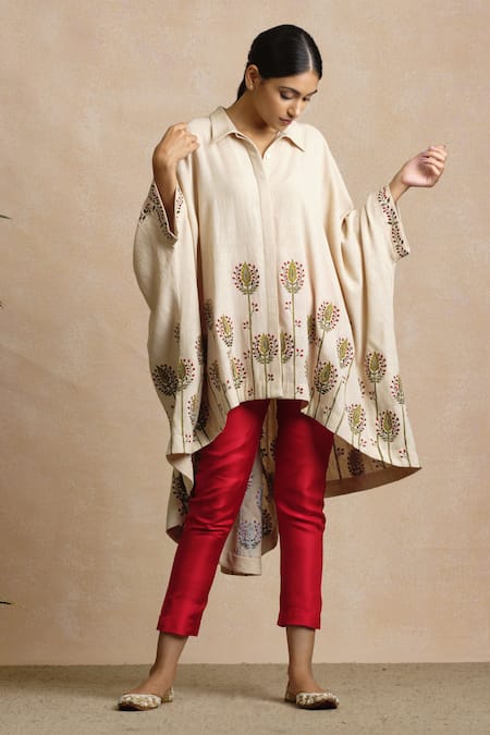 Sue Mue_Beige Handloom Cotton Spread Collar Tunic _Online_at_Aza_Fashions