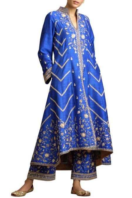 Sue Mue Blue Raw Silk Notched Embroidered Anarkali Set Online at Aza Fashions Sue Mue_Blue Raw Silk Notched Embroidered Anarkali Set_Online_at_Aza_Fashions