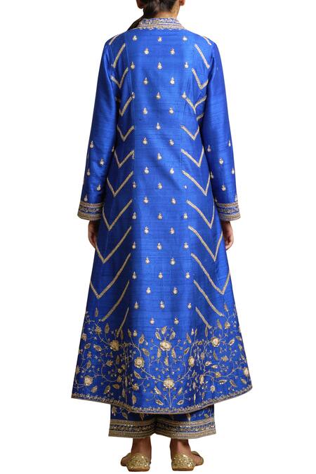 Shop Sue Mue Blue Raw Silk Notched Embroidered Anarkali Set at Aza Fashions Shop_Sue Mue_Blue Raw Silk Notched Embroidered Anarkali Set_at_Aza_Fashions