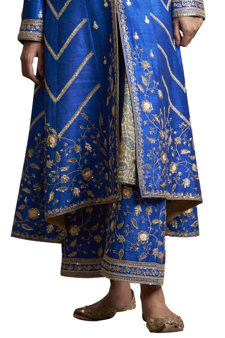Buy Sue Mue Blue Raw Silk Notched Embroidered Anarkali Set Online at Aza Fashions Buy_Sue Mue_Blue Raw Silk Notched Embroidered Anarkali Set_Online_at_Aza_Fashions