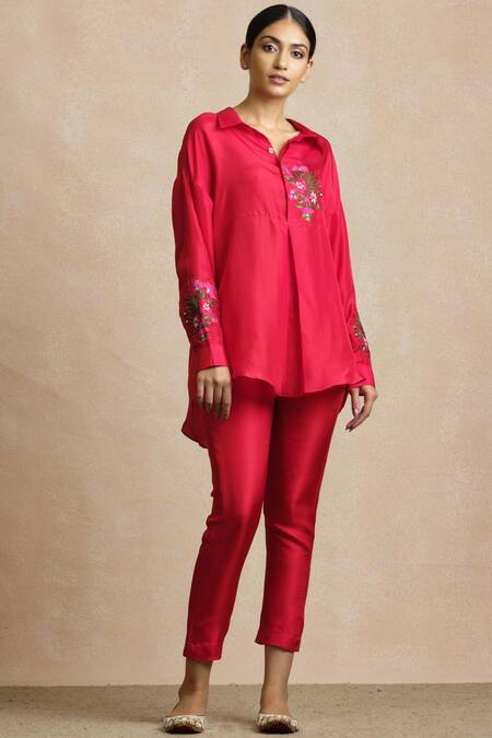 Sue Mue Red Silk Shirt Collar Embroidered Online at Aza Fashions Sue Mue_Red Silk Shirt Collar Embroidered _Online_at_Aza_Fashions