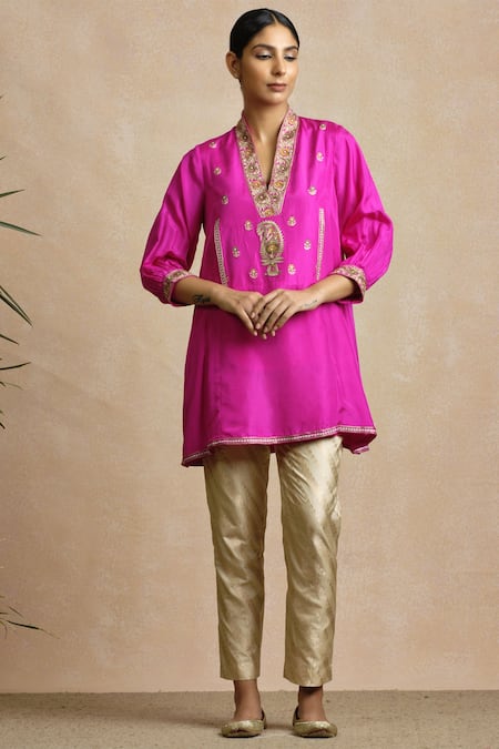 Sue Mue_Pink Silk V Neck Embroidered Tunic _Online_at_Aza_Fashions