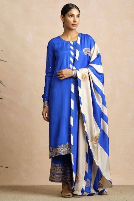 Buy Sue Mue Blue Silk Round Embroidered Kurta And Palazzo Set Online at Aza Fashions Buy_Sue Mue_Blue Silk Round Embroidered Kurta And Palazzo Set _Online_at_Aza_Fashions